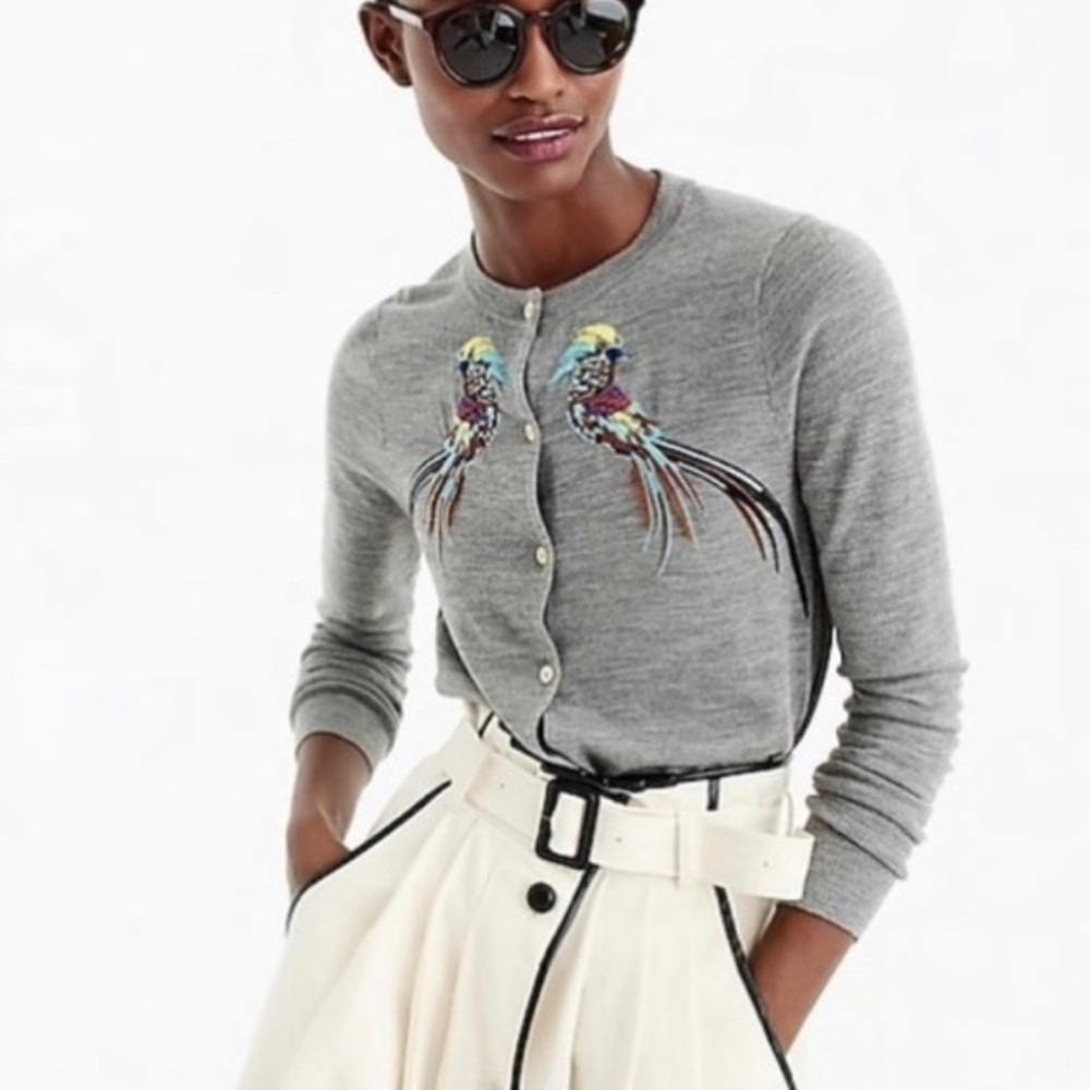 J Crew 100% Merino Wool Lightweight Cardigan bird embroidery size women’s XS